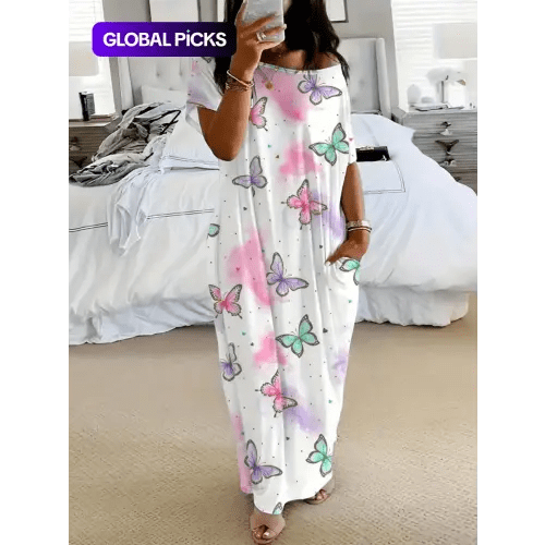 Women's Tie-Dye Butterfly Heart Print Nightgown Sleepwear, Round Neck Loose Fit with Pockets, Comfortable Soft Sleep Dress, Nightwear Loungewear for All Seasons - TikTok Shop