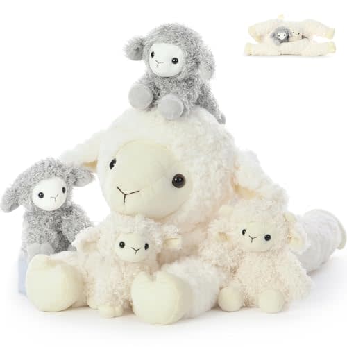 Tezituor 5Pcs Lamb Stuffed Animals Set, 20 Inch Large Mommy Stuffed Sheep Plush with 4 Cute Lamb Babies, Realistic Sheep Plush Pillow for Girls Boys