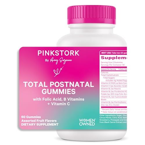 Pink Stork Total Postnatal Vitamin Gummies - Multivitamin for Postpartum Recovery and Lactation Support - Folic Acid, B6, & Vitamin C - Breastfeeding Essentials - 60 Gummy Vitamins