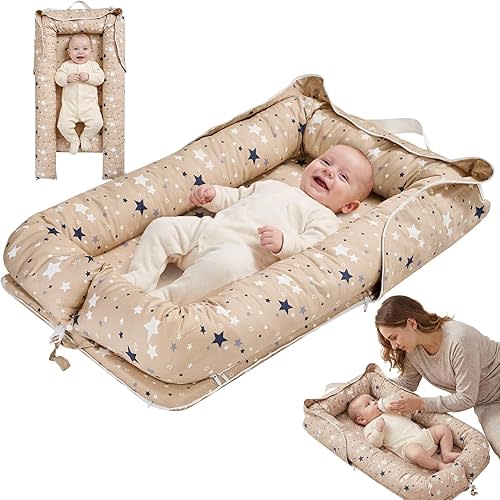 Baby Lounger for Newborn, Breathable and Soft Baby Lounger Pillow, Portable Infant Lounger with Removable Cover, Adjustable Lounger for Baby 0-12 Months, Tummy Time Baby Lounger for Home and Travel