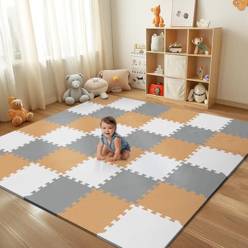 36Pcs Baby Play Mat for Floor, Foam Floor Tiles for Kids with Interlocking, Squares Foam Puzzle Carpet for Playroom,Crawling Rug for Babies 6-12 Months,Toddlers,11.8*11.8*0.6In Each,Grey White Brown