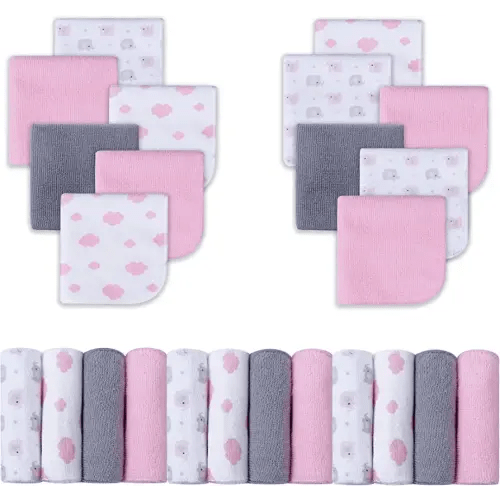 Viviland Baby Washcloths, 24Pack Baby Towels for Newborn, Baby Girl Wash Cloths, and Infant Bath Face Washcloths Soft Absorbent, Gentle on Sensitive Skin Body, 9x9 Pink Elephant