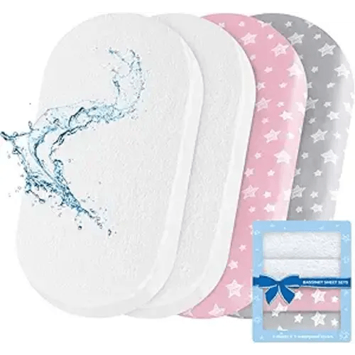 Bassinet Sheets & Waterproof Bassinet Mattress Pad Protector 4 Pack Set, Universal Fit for Oval, Hourglass and Rectangular Mattress, Grey & Pink