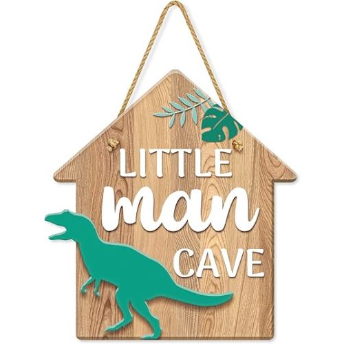 Dinosaur Decor for Boys Room, Hanging Sign Boys Room Decorations for Bedroom PVC Plastic Decorative Signs LITTLE MAN CAVE Sign Kids Room Playroom Nursery Decor Gift for Boys 11.8″x11″