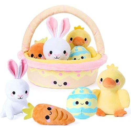 JOYIN 5 Pcs Easter Basket Plush Playset, Filled Basket with Bunny Chick Egg Carrot, Easter Toys Gifts Prefilled with Animal Stuffers for Baby Toddler Kids Boys & Girls of All Ages