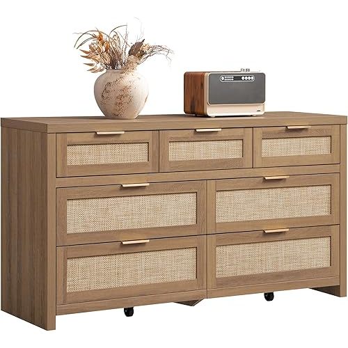 SICOTAS 7 Drawer Dresser for Bedroom, 57" Wide Rattan Dressers, Large Chest of Drawers for Bedroom, Dresser TV Stand, Boho Closet Organizer (Reclaimed Caramel Oak, 7 Drawers (1 pc))
