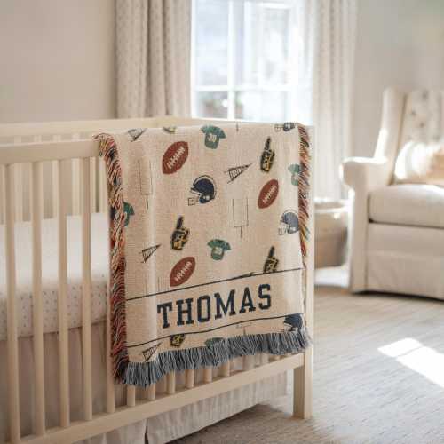 Custom Woven Baby Blanket, Sport Boy Nursery Theme, Newborn Name Blanket, Woven Throw Blanket, Vintage Football Newborn Blanket Gift