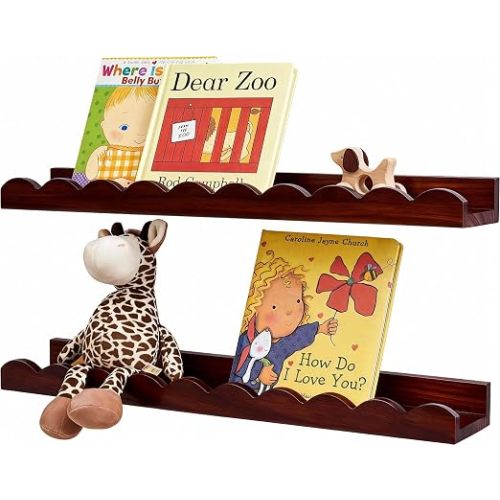 Scalloped Baby Book Floating Shelf for Wall 16inch Set of 4,Walnut | Solid Pine Wood Nursery Bookshelves with Wave Lip for Bedroom Kids, Toddler Room, Baby Room, Nursery Decor