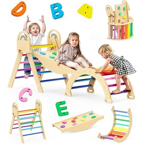 Pikler Triangle Set 9-in-1 – Montessori Wooden Climbing Toys for Toddlers 1.8–7Y, Indoor Jungle Gym for Screen-Free Play, Parent-Child Bonding & Energy Burning