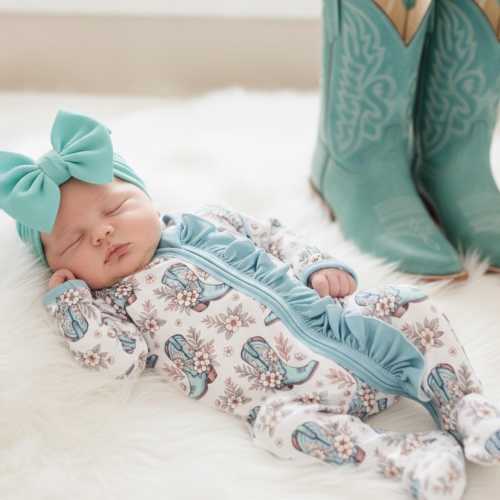 Girl Western Cowboy Boot Zipper Baby-Sleeper Teal Floral Cowgirl NB Sleeper Toddler Boho Romper Girl Baby Come Home Outfit Shower Gift