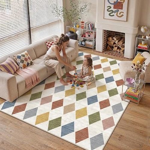 Colorful 6x9 Washable Area Rug Large Non Slip Checkered Carpet