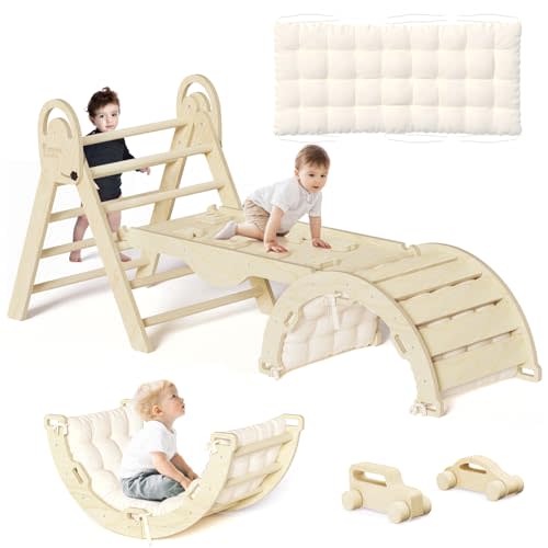 ElegantCrafts Pikler Triangle Set with Cushion, Montessori Climbing Set, Indoor Climb Toys, Indoor Playground Jungle Gyms, 9 Combinations Climbing Toy Set for Toddler, Baby, Kids 1-4