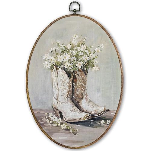 TLESKE White Preppy Western Cowgirl Oval Wall Art Decor Framed 9x12, Vintage Cowgirl Boots Canvas Wall Art Prints Artwork, Wall Hanging Room Door Decor Decorations for Teen Girls Bedroom Living Room