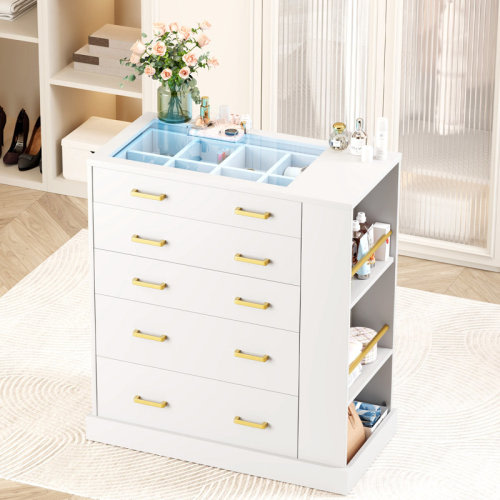 Latitude Run® 30.71W” Wardrobe Closet & Modern Chests of 5 Drawers & Closet Island With Led Light, Open Storage And Glass Top & Reviews | Wayfair