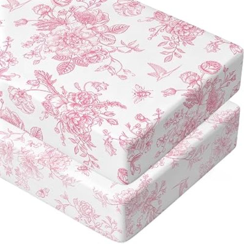 2 Pack Pink Vintage Floral Crib Sheet Set for Baby Girl, Soft Breathable Fitted Coquette Crib Sheet 28 x 52 in, Chinoiserie Nursery Decor for Standard Crib and Toddler Bed Mattresses
