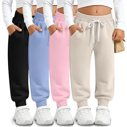 Oakgarden 4 Pack Girls and Toddler Sweatpants Kids Athletic Spring Joggers Girls Summer Pull on Pants with Drawstring Pockets
