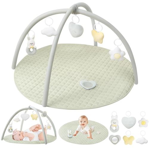 Baby Play Gym and Tummy Time Mat - Plush Play Mat with 6 Detachable Toys for Babies 0-6-12 Months, Baby Activity Mat Promote Motor Skill Development, Sage Green