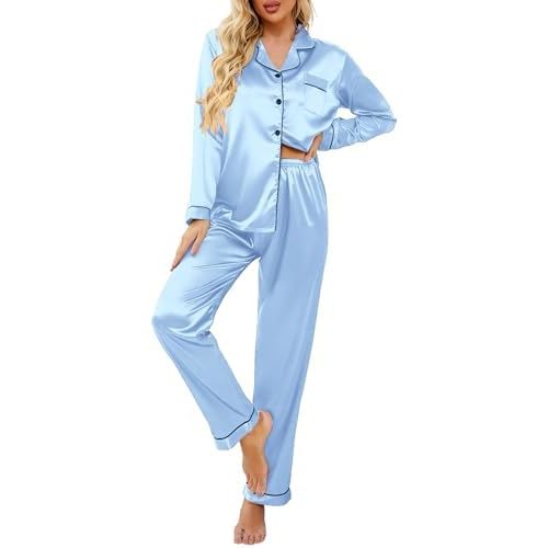 Ekouaer Women's Classic Button Down Long Satin Silk Pajama Set