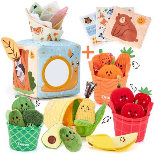 hahaland Baby Tissue Box Toy and Baby Sensory Toys - 16 PCS My First Fruit Vegetable Color Sorting Play Food, Baby Toys 6-12 Months Montessori Toys for 6 Month Old, Boy Girl Shower Gifts for Babies