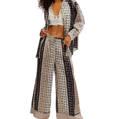 Free People Dreamy Days Allover Geo Striped Print Satin Notch Collar Long Sleeve Wide Leg Oversized Pajama Set