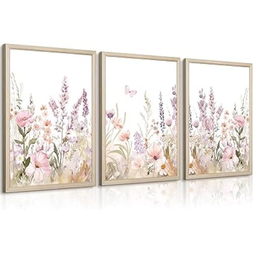 Nursery Girl Floral Wall Art Watercolor Wildflower Canvas Wall Decor Pruple Pink Flower Pictures Nursery Floral Art Prints Girl Room Wildflower Poster for Bedroom Bathroom 12x16 Inch Wood Framed 3Pcs