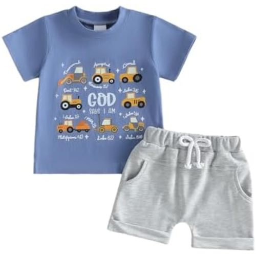Toddler Baby Boy Summer Outfit Tractor Car Letter Print Short Sleeve Pockets Top Shorts 0-5T Kid Infant Farm Clothes