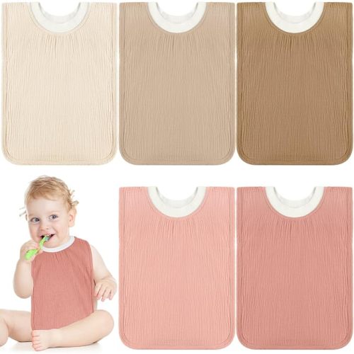 Newwiee 5 Pcs Large Muslin Pullover Baby Bibs Full Coverage Toddler Slip on Absorbent Bib Waterproof Toddler Towel Bibs (Cute Color)