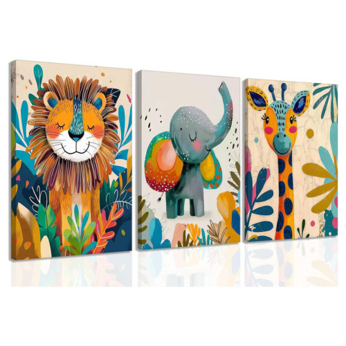 East Urban Home 3Pcs Safari Animal Nursery Canvas Wall Art Cute Watercolor Elephant Giraffe Lion Pictures Wall Decor Colorful Jungle Animals Posters Painting Prints For Kids Room Baby Room, Framed | Wayfair
