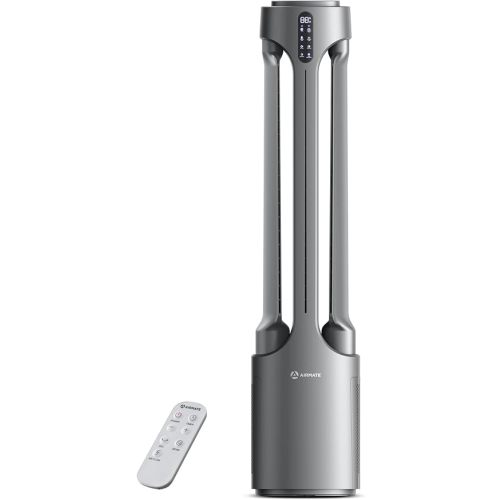 AIRMATE Air Purifier Bladeless Tower Fans, 1500CFM Large Air Volume, 45" 2-in-1 Standing Fan for Bedroom & Home, 28ft/s Velocity, 90° Oscillation, 15H Timer, Low Noise, Silver