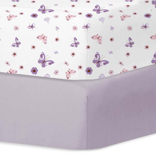 Little Grape Land Fitted Crib Sheets 2 Pack for Toddler Girls, 28"x 52" Extra Soft Microfiber Crib Sheet Set, Butterfly&Purple