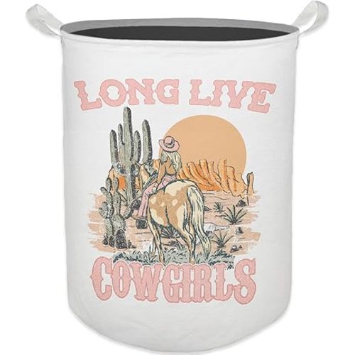 Pink Western Cowgirl Laundry Basket, Toybox for Girls Room, Long Live Cowgirls Laundry Basket Hamper Waterproof Collapsible Clothes Toys Storage Bin Organizer for Bedroom Bathroom Kids Room Dorm