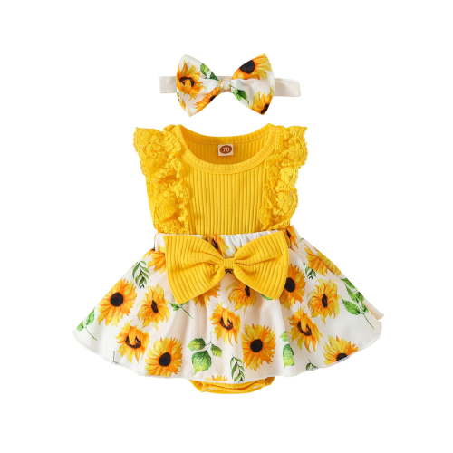 Zwiiyzr Baby Girl Clothes Cute Floral Infant Newborn Romper Dress Lace Ruffle Sleeveless Summer Outfits with Headband 0-12 Months Yellow