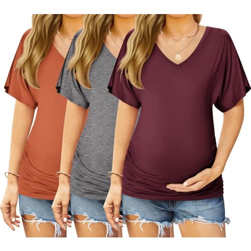 Ekouaer 3 Pack Maternity Shirts V Neck Dolman Sleeve Side Ruched Pregnancy Tops Tunic Blouse