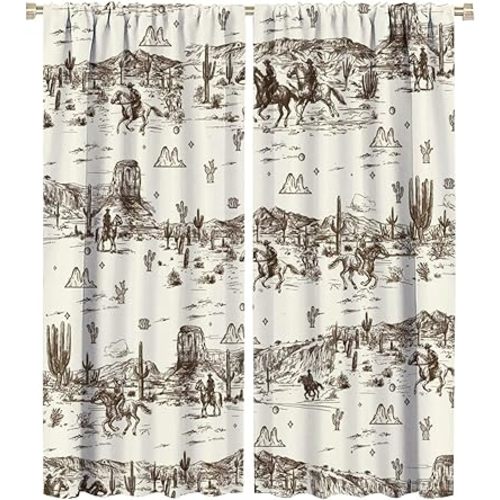 Vintage American Wilderness Western Cowboy Rod Pocket Blackout Curtains for Living Room,Thermal Insulated Sketch Style Western Cowboy Cacti Window Treatment Drapes,2 Panels 54" L x 21" W