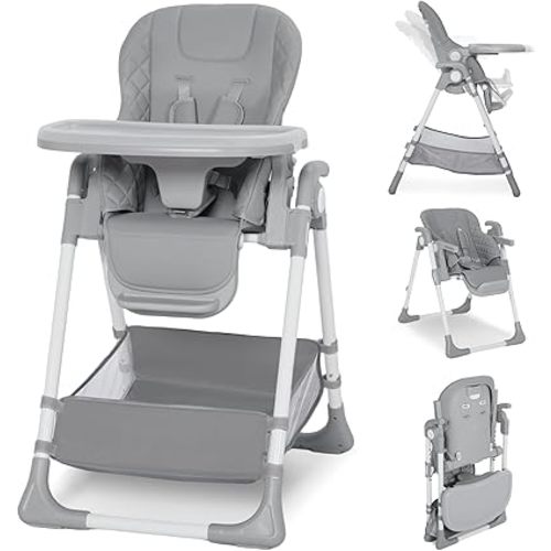 Kinder King Convertible Baby High Chair, Adjustable Feeding Chair for Babies and Toddlers with Removable Double Tray, Simple Compact Fold for Space-Saving, 2 Built-in Wheels, Easy to Clean, Gray