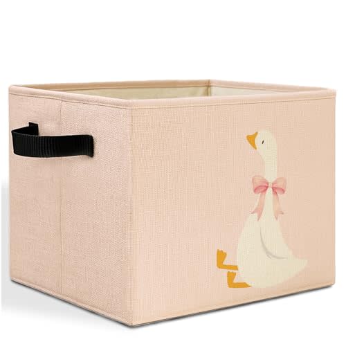 Coquette Pink Bow Goose Storage Bins Box with Handles, Goose Nursery Decor, Cute Geese Laundry Basket Hamper Collapsible Clothes Toys Organizer for Girls Room Playroom Bathroom