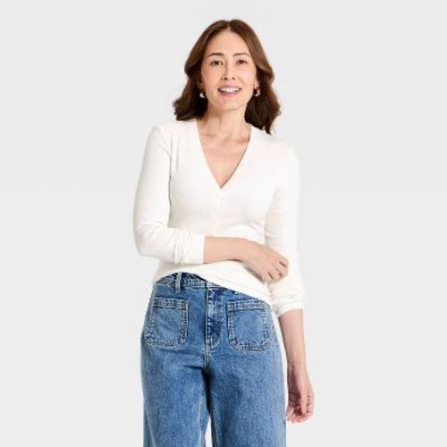Women's Long Sleeve Heritage Deep V-Neck Henley Shirt - Universal Thread™ Cream S