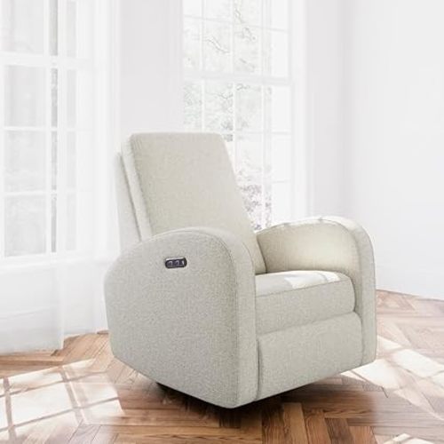 Storkcraft Santa Monica Power Recliner Swivel Glider (Dune Basketweave) – Effortless Electronic Power Recline, USB-A & USB-C Charger