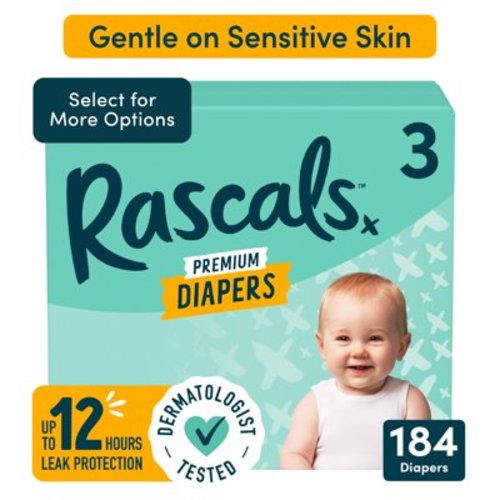 Rascals Premium Absorbent Baby Diapers Size 3, 184 Count (Select for More Options)