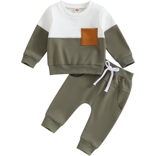 Kupretty Toddler Baby Boy Fall Winter Clothes Color Block Long Sleeve Sweatshirt Pullover Tops + Joggers Pants Outfit Set