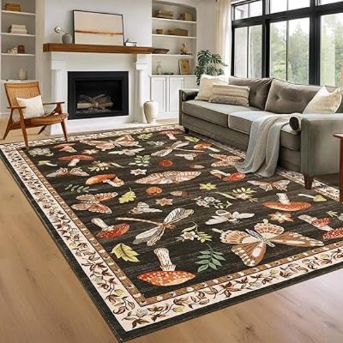 Mushroom Washable Rug 9x12 Area Rugs for Living Room, Insect Print Rug for Bedroom, Non Slip Throw Rugs with Rubber Back, Soft Low Pile Dining Room Under Table, Brown