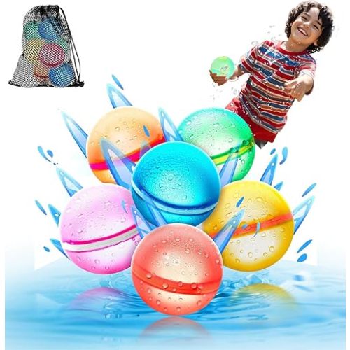 【6 Pack】Magnetic Reusable Water Balloons, Fast Self-Sealing for Kids Adults Latex-Free Silicone Quick Easy Auto Fill Bomb Ball, Refillable Pool Beach Outdoor Activities Games Toy Summer Fun Splash