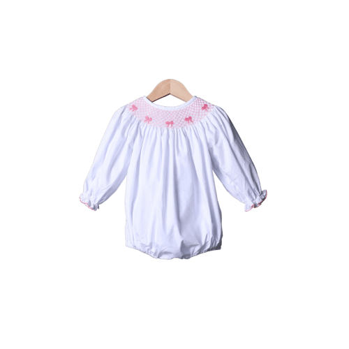 Smocked Heirloom Pink Bow White Long Sleeve Bubble