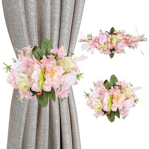 1Pcs Flower Curtain Tiebacks,Artificial Floral Curtain Holdbacks for Window Tie Backs Decorative Rope Buckle,for Home Office Decor (Pink)