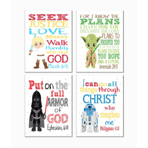 Space Wars Christian Nursery Decor Set of 4 Prints, Luke Skywalker, Yo – Pixie Paper Store