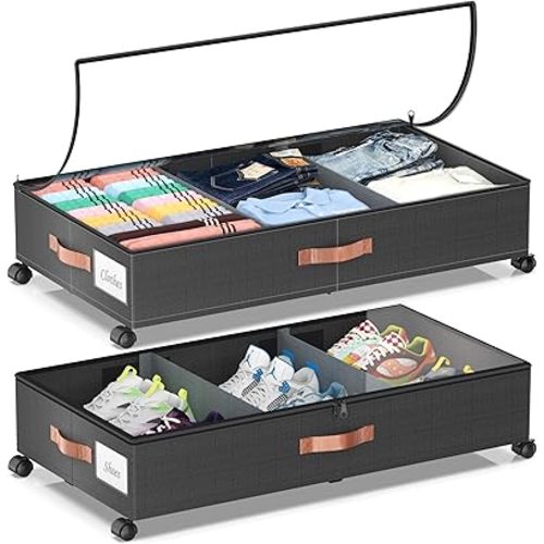 Under Bed Storage with Wheels, 2 Pack Under Bed Storage Containers with Dividers & Clear Lids, Under the bed storage Organizer Bins,Underbed Storage with Wheels for Clothes,Toys,Shoes (Black, 2 Pack)