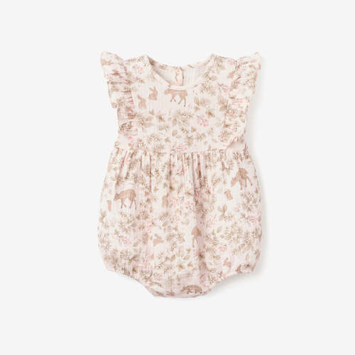 Woodland Print Organic Muslin Bubble Baby Romper PINK / 6-9M