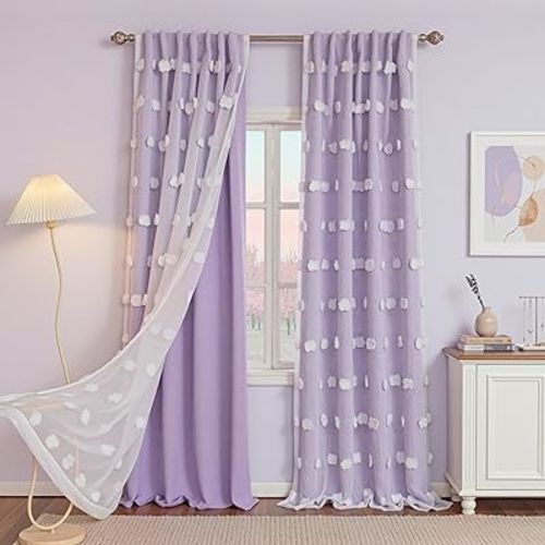 MYSKY HOME Lilac Curtains for Girls Bedroom Nursery Curtain with White Pom Pom Sheer Window Drapes Back Tab Room Darkening Double Layer 72 Inches Length 2 Panels, Light Purple, W52 X L72