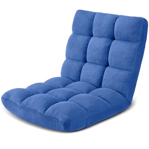 Folding Floor Gaming Chair 14-Poistion Cushioned Adjustable Floor Lazy Sofa Chair w/Breathable Cotton & Skin-Friendly Velvet for Adults & Kids Perfect for Reading Gaming Meditating, Babyblue