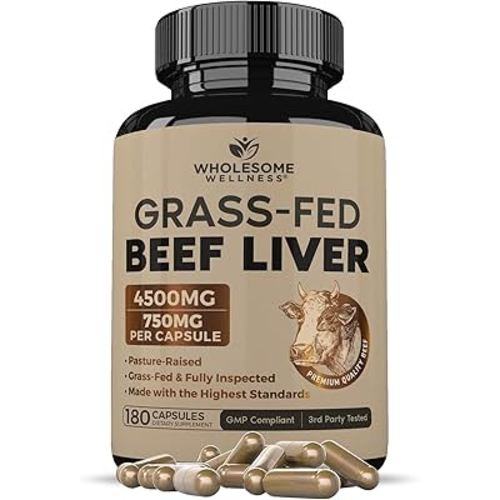 Wholesome Wellness Grass Fed Desiccated Beef Liver Capsules (180 Pills, 750mg Each) - Natural Iron, Vitamin A, B12 for Energy - Raised Undefatted in New Zealand Without Hormones or Chemicals